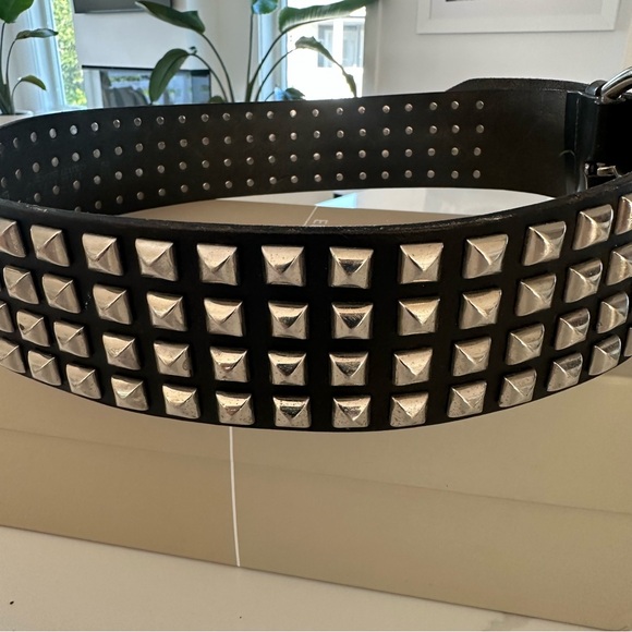 Rare Studded Italian Black Leather Belt with Silver Oval Buckle